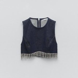 Rhinestone Denim Embellished Crop Top Zara XS NWT